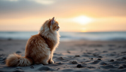 Fluffy orange cat watching sunset on sandy beach