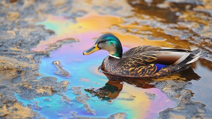 Obraz premium Mallard duck swimming in iridescent water with colorful oil slick reflection