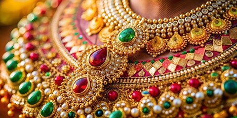 Obraz premium Close-up of Indian Bride's Exquisite Wedding Jewelry, Traditional Design, Gold & Gemstones