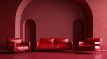 Three red leather chairs and a red leather sofa in a red room with arched doorways