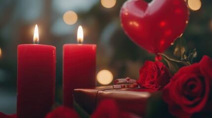 A Romantic Valentine's Day Arrangement: A Sparkling Diamond Ring Nestled Beside a Delicate Red Heart, Surrounded by a Bouquet of Lush Red Roses and Flickering Candles, All Bathed in a Soft, Dreamy Lig