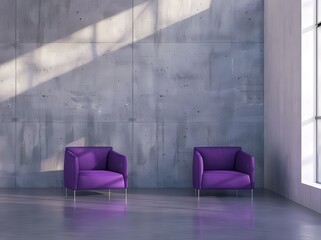 Two purple armchairs in a minimalist room with a concrete wall and large window