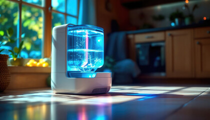 Modern water purifier in sunlit kitchen with blue led light reflecting clean design