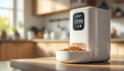 Digital automatic pet feeder dispensing food in modern kitchen setting
