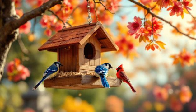 Blue jays and cardinal near wooden birdhouse amid vibrant autumn foliage - Powered by Adobe