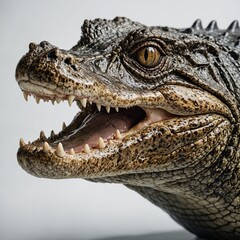 Obraz premium A close-up of an alligator's head, with sharp teeth and glossy eyes, set against a clean white background.