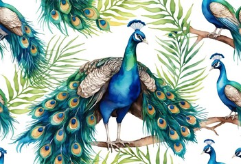 Fototapeta premium A watercolor painting of a colorful peacock with its feathers spread out