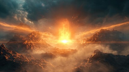 Fototapeta premium Fiery eruption amidst dark, rocky landscape. Orange and yellow flames illuminate a misty scene. Dramatic lighting and atmospheric effects create a powerful image.