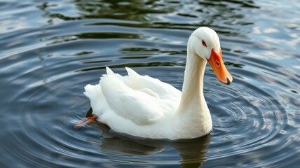 Obraz premium White duck swimming peacefully on a calm lake in the afternoon sunlight