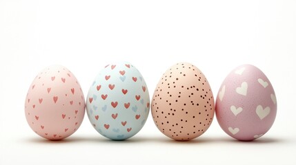 Fototapeta premium Pastel easter eggs with heart and dot patterns on white background