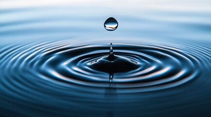Water drop impact, ripples, blue background, purity concept
