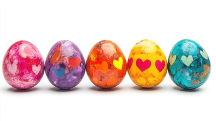 Obraz premium Colorful painted easter eggs with heart decorations on white background
