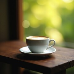 Obraz premium A single cup of cappuccino on a dark wood table, intimate, atmosphere, nature sounds