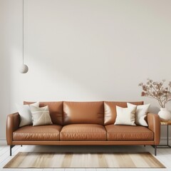 A brown leather sofa with white pillows. a beige rug. and a vase of dried branches in a minimalistic living room