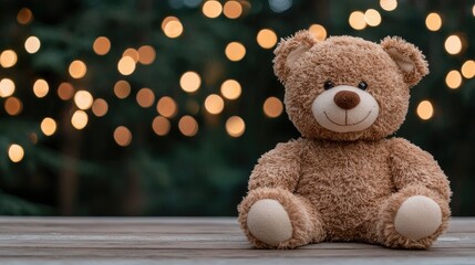 Obraz premium Teddy bear sits on wood, bokeh lights