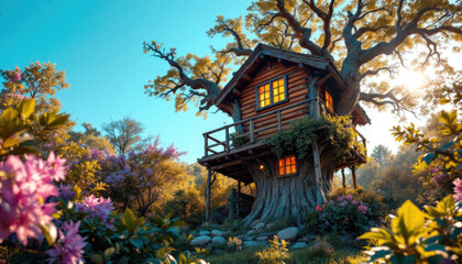Enchanting treehouse in blooming forest at sunrise with wooden balcony