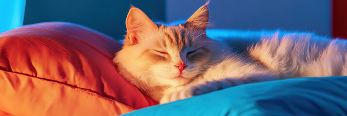 Sleeping Long-haired Cat on Colored Pillows