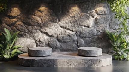 Fototapeta premium Top-down view of three natural stones on a podium, showcasing beauty products, against a stone wall backdrop in minimal modern style 