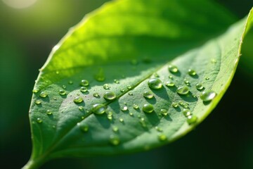 Fototapeta premium Droplets on a leaf's surface create ripples and shine in the sunlight, water, droplet