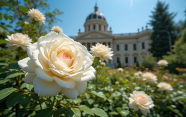 A close-up photo of a white rose bush with a majestic classical building in the background