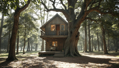 Rustic treehouse cabin among majestic trees in serene forest setting with sunlit atmosphere