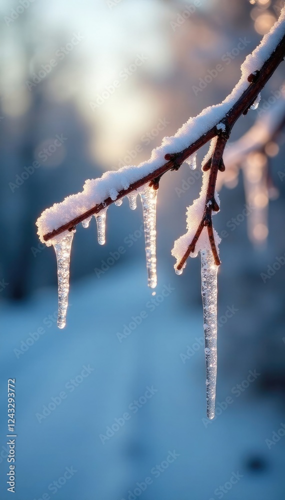 Poster Frosty mornings with delicate ice blades hanging from branches, tree, suspended