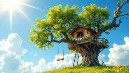 Sunny day with treehouse on green hill under clear blue sky