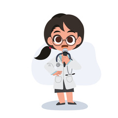 Cute cartoon female doctor speaking with microphone making medical announcement