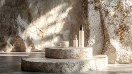 Top-down view of three natural stones on a podium, showcasing beauty products, against a stone wall backdrop in minimal modern style 