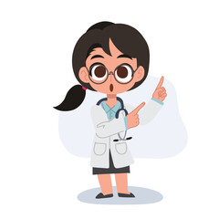 Cute female doctor cartoon giving medical advice with a pointing gesture, professional healthcare character illustration