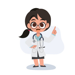 Fototapeta premium Cute female doctor cartoon giving medical advice with a pointing gesture, professional healthcare character illustration