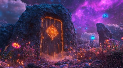 Obraz premium Glowing portal in a fantastical landscape, surrounded by vibrant flowers and cosmic nebula. Dark blue, purple, and orange hues dominate the scene, creating a surreal atmosphere.