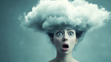 Fototapeta premium Surreal depiction of a person with a cloud over their head, symbolizing mental overload, stress, and burnout. The expression illustrates the overwhelming nature of thoughts and emotions