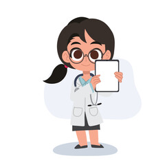 Cute female cartoon doctor holding a tablet with medical results in a digital healthcare
