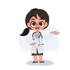 Cute female doctor cartoon welcoming with hand gesture in medical uniform,