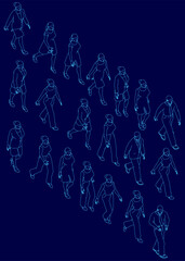 A blue image of people walking in a line. The people are drawn in blue and are shown in various poses. The image has a sense of motion and progression. Isometric view