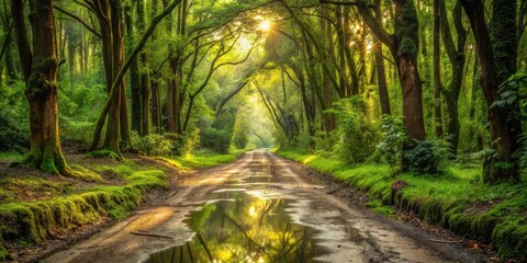 Obraz premium Sunlit Pathway Through a Lush, Verdant Forest Canopy with a Reflective Puddle on a Dirt Road