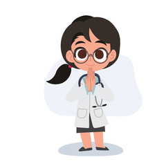 A cheerful cartoon doctor in a medical uniform greeting warmly