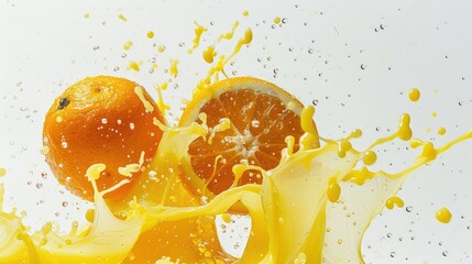 Fresh oranges splash in vibrant juice explosion. Natural colorants, natural dyes, color additives