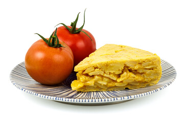 Spanish omelette with tomatoes on a plate, isolated on white background.