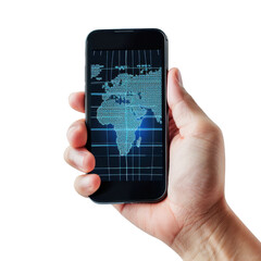 hand holding smartphone displaying digital map of Africa with grid lines, symbolizing technology and connectivity