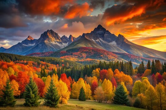 Colorful Autumn Sunset in High Tatras Mountains, Slovakia - Zdiarska Vidla & Havran Peaks