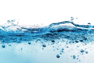 Blue water wave splash, bubbles, white background, purity (1)