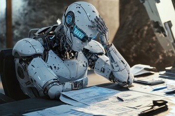 Fototapeta premium Thoughtful robot contemplating project details in a futuristic office environment