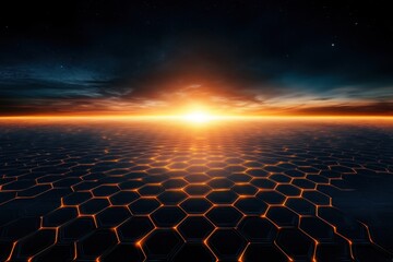 Obraz premium Futuristic Landscape with Hexagonal Patterns and Glowing Horizon at Sunrise
