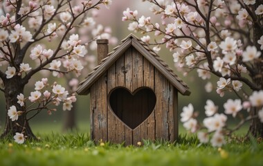 A wooden house with a heart-shaped window and spring flowers surrounding it