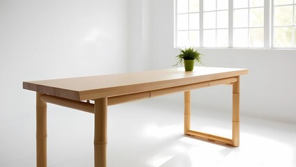 Fototapeta premium Minimalist Light Bamboo Desk with Clean Lines in White Room, Eco-Friendly Modern Design with Soft Natural Lighting 