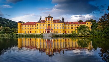 Fototapeta premium a large yellow building with red accents sits in front of a body of water the water is calm and reflects the building creating a serene and peaceful atmosphere