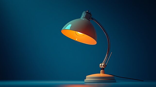A stylish desk lamp illuminates a workspace with a warm glow, showcasing a sleek design against a deep blue background, perfect for creating a cozy and productive atmosphere.
