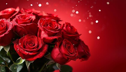 Obraz premium bouquet of red roses with water drops on its petals on a red valentines day or wedding day background